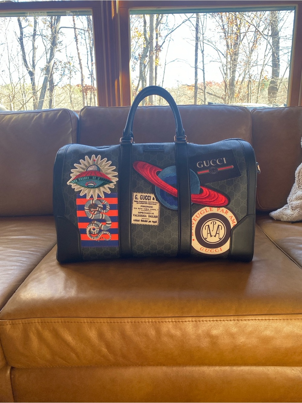 Gucci Duffle Bag Limited Edition Supreme Patches Travel Bag Black Gray RARE